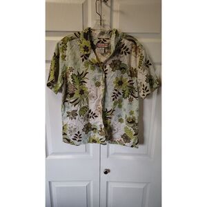 Vtg Jamaica Bay Tropical Floral Button Up Shirt Green & Brown Hawaiian Shirt L